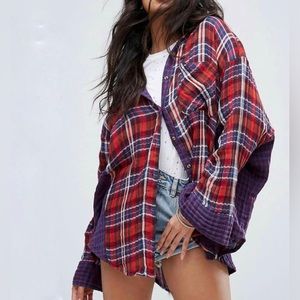 Free People Waffle Weave Plaid Button Up. Mixed Media Fabric Size S Dolman